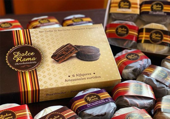 Caja para 6 alfajores. Impresa full color, con barniz. Pegado 6 puntas